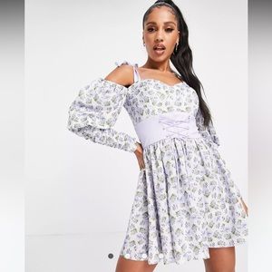 ASOS DESIGN Bunny Tie Corset Skater Mini Dress Floral Print Lavender NEW Size 8